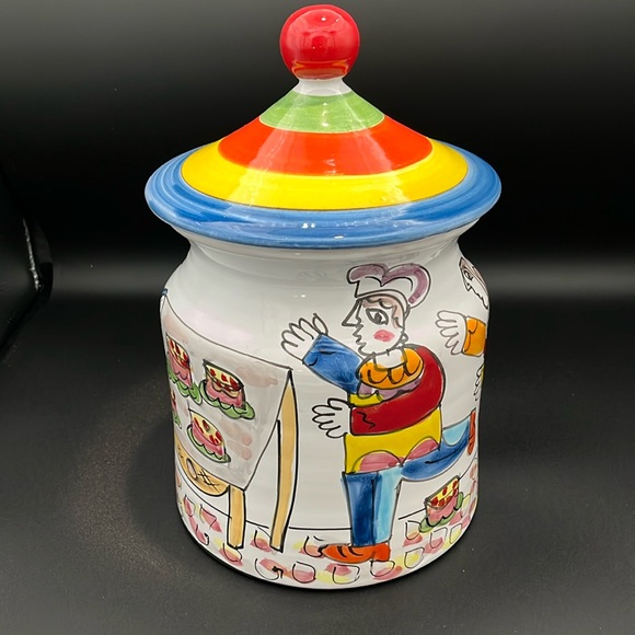 La Musa Italian hand painted ceramic cookie jar. Colorful Picasso style figures. - Picture 3 of 14